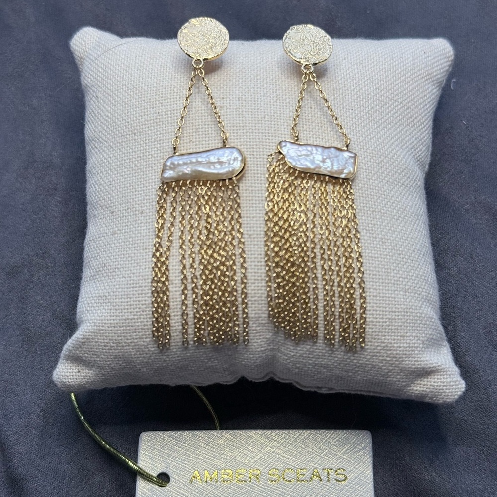 Amber Sceats 24k Gold Genuine Pearl Fringe Drop Earrings
